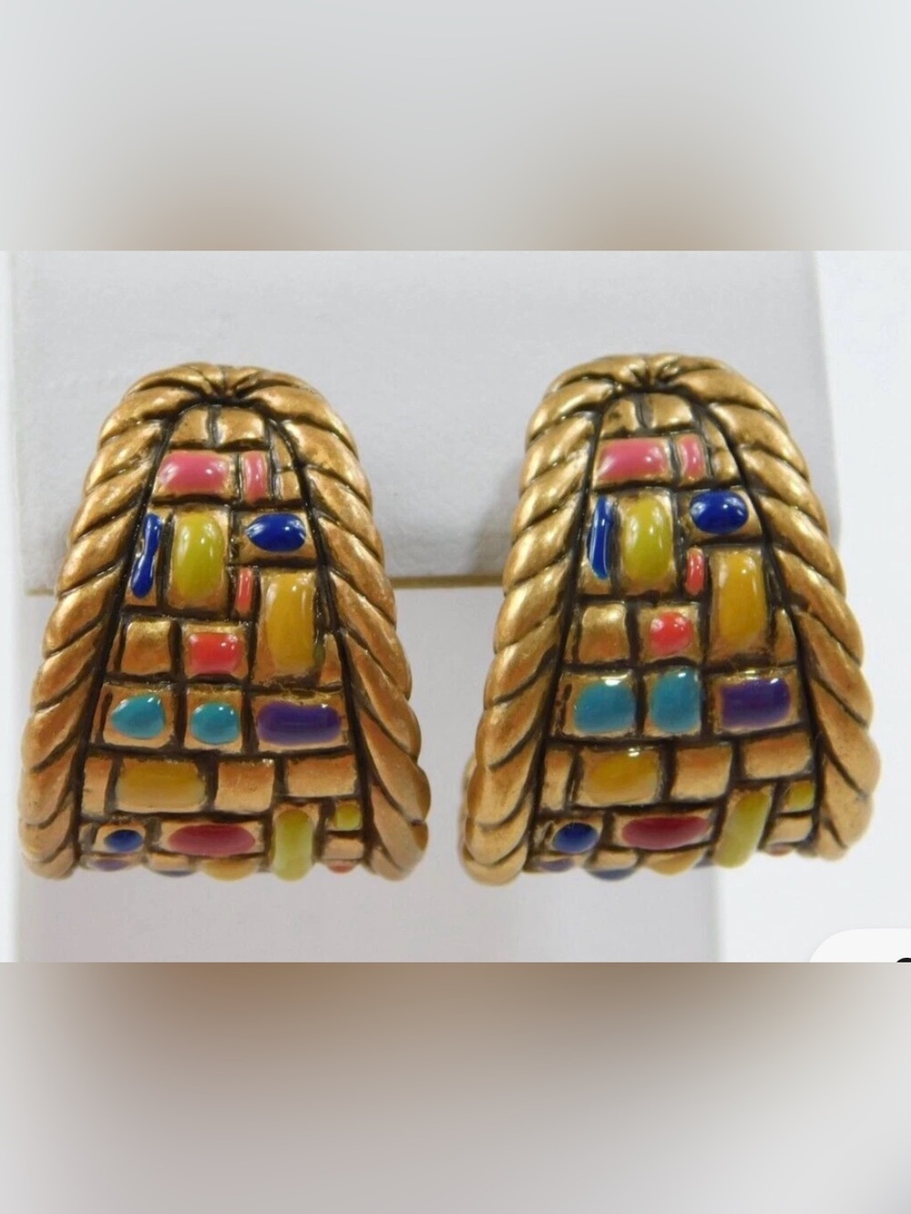 CHICO’S bronze time multi color enamel woven look hoop earrings 1” long